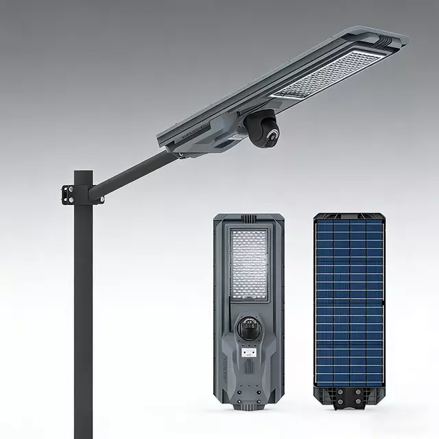Robuuste, 1200 W equivalente ge&iuml;ntegreerde straatlantaarn op zonne-energie met 4G CCTV-camera, MJ-SSTH1200C premiummodel, met 360&deg; rotatie, MPPT snel opladen en geavanceerde bewegingswaarschuwingen voor commerci&euml;le perimeterbeveiliging - E-ABLE POWER