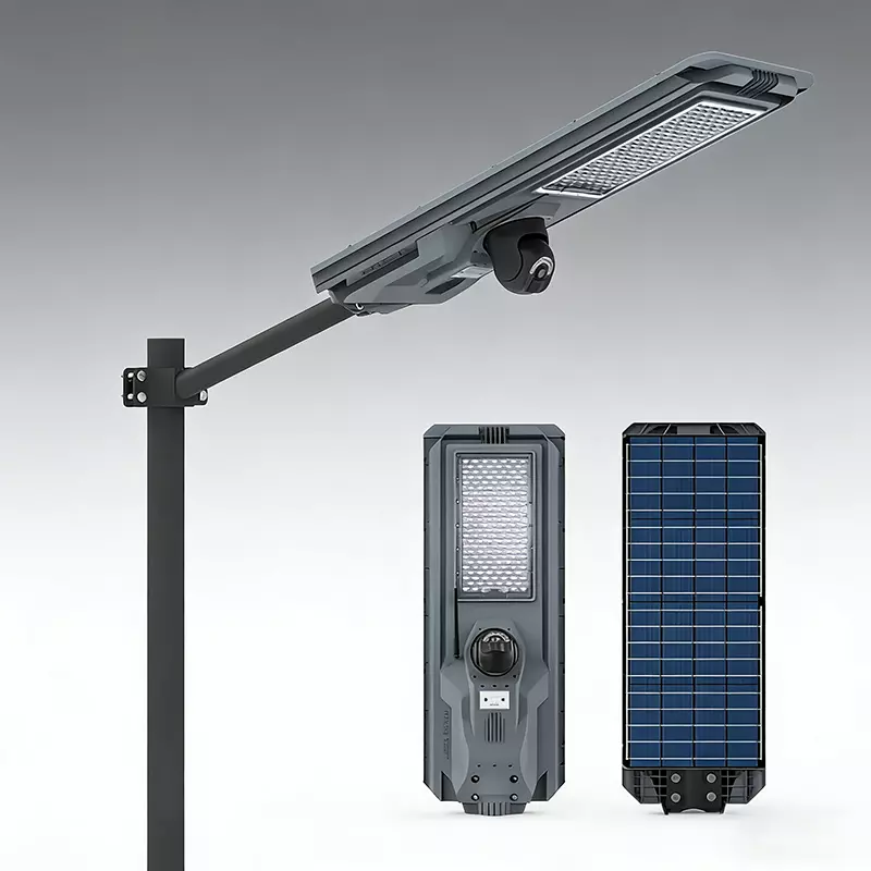 Heavy-duty na katumbas ng 1200W na integrated solar street light na may 4G CCTV camera, MJ-SSTH1200C premium na modelo, na nagtatampok ng 360&deg; rotation, MPPT fast charging, at advanced na mga alerto sa paggalaw para sa komersyal na perimeter security - E-ABLE POWER