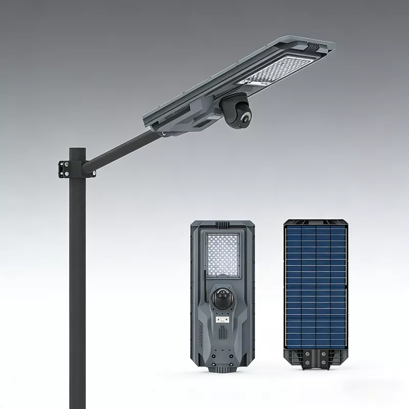 Pinagsamang solar street light na may 4MP CCTV camera, MJ-SSTH800C standard na modelo, na nagtatampok ng 1440P HD monitoring, Grade-A LiFePO4 na baterya, at naka-patent na Outer Space na disenyo para sa residential security - E-ABLE POWER