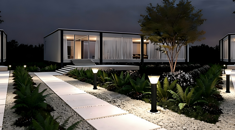 Calea modernă a campusului corporativ, iluminată de borne solare ZC-CPD3006, prezent&acirc;nd iluminat arhitectural de &icirc;naltă performanță, &icirc;n afara rețelei..png